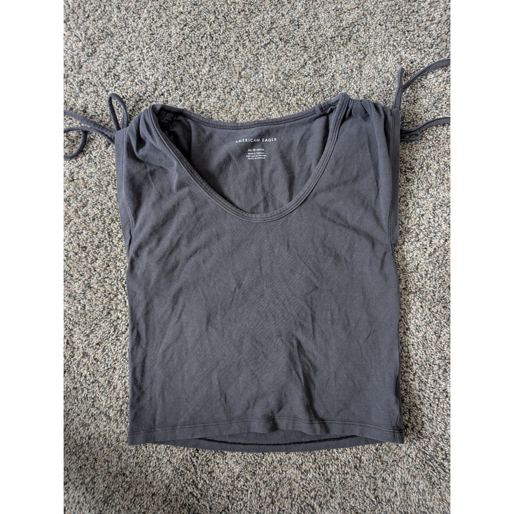 American Eagle Charcoal Gray Cinched Shoulder Tie Tank Top XS Cropped Scoop Neck